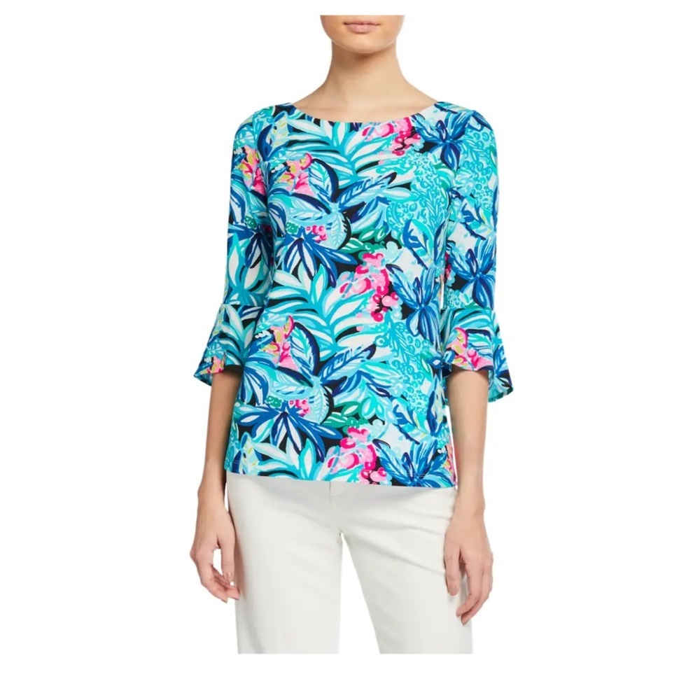 Lilly Pulitzer Porto Blue Fontaine Tropical Toucan Floral Top LARGE NWOT